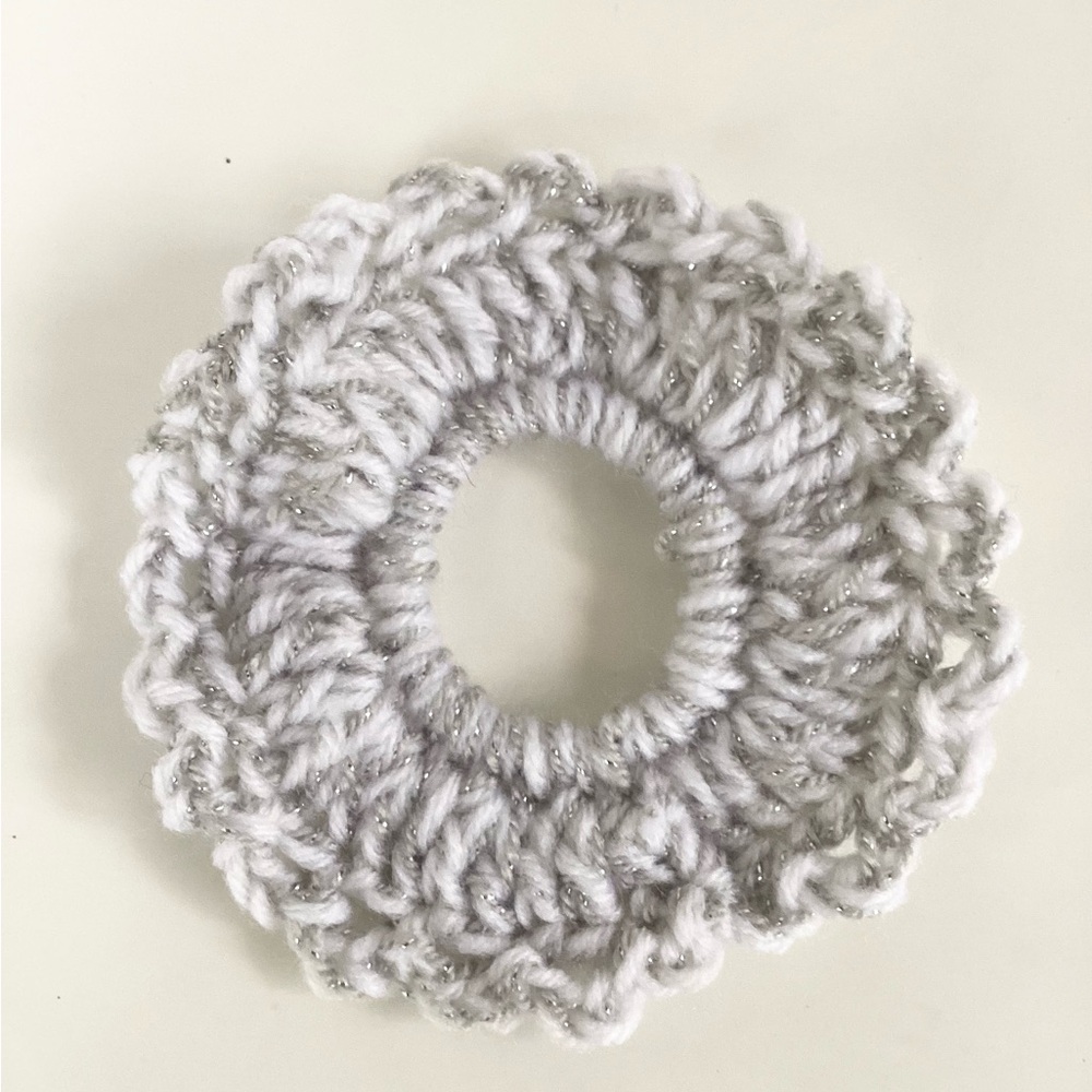 Hair Scrunchies Hand Crafted Gray Silver White Boho Crochet Messy Bun - Picture 7 of 10